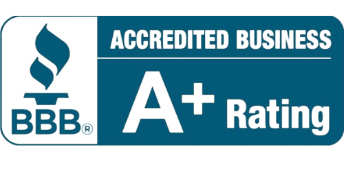 Graphic displaying the text 'BBB Accredited Business A+ Rating' with a blue background and company logo.