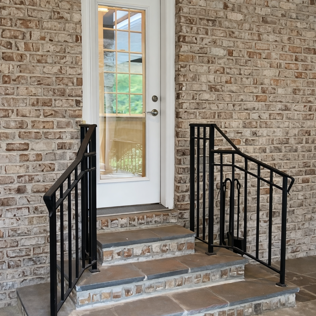 Exterior view of a staircase with black railings leading up to a white door set in a brick wall.